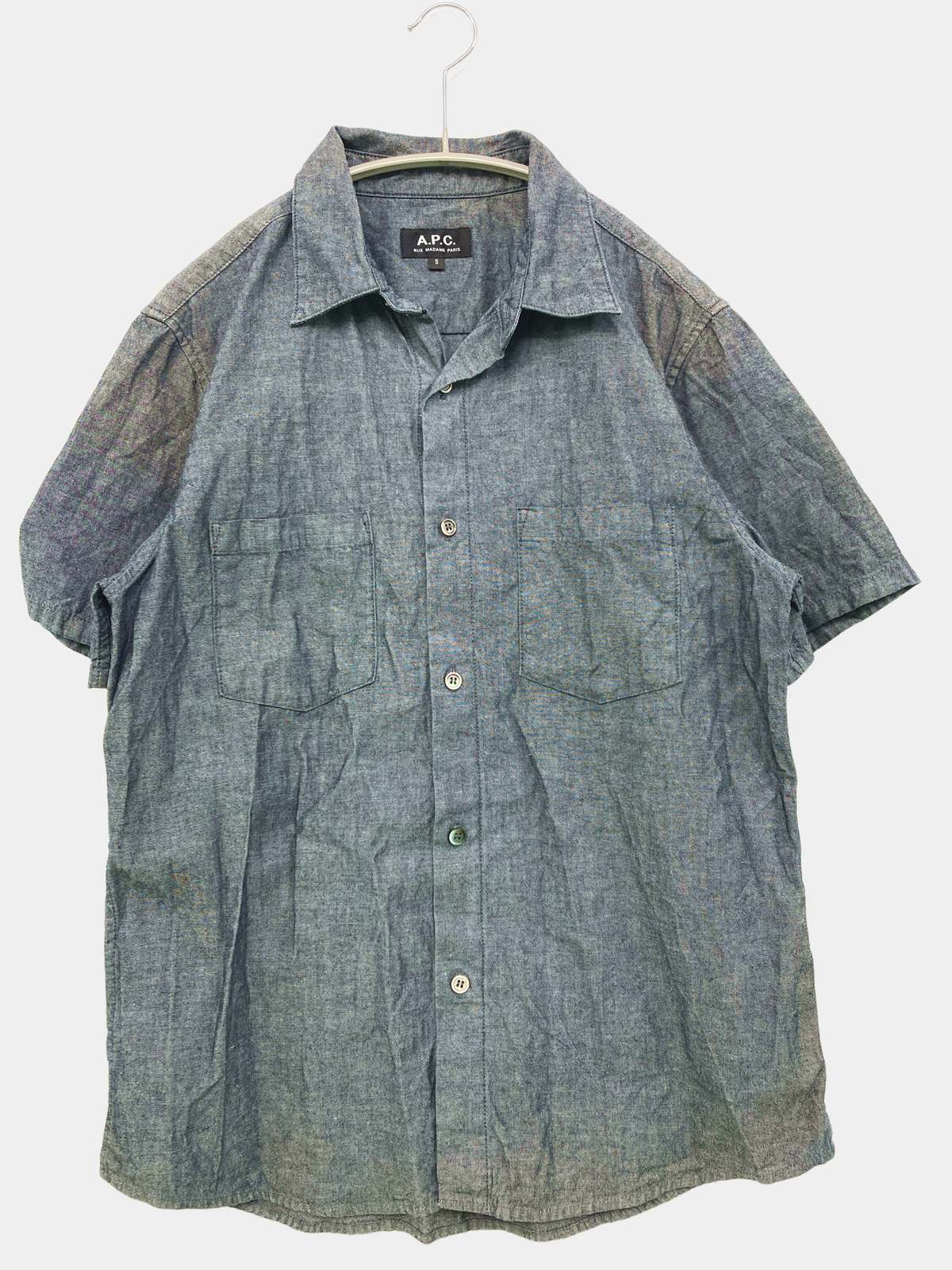 【中古】A.P.C. アーペーセー シャツ/ブラウス S グレー コットン 無地 ミドル丈 半袖 オープンカラー メンズ
