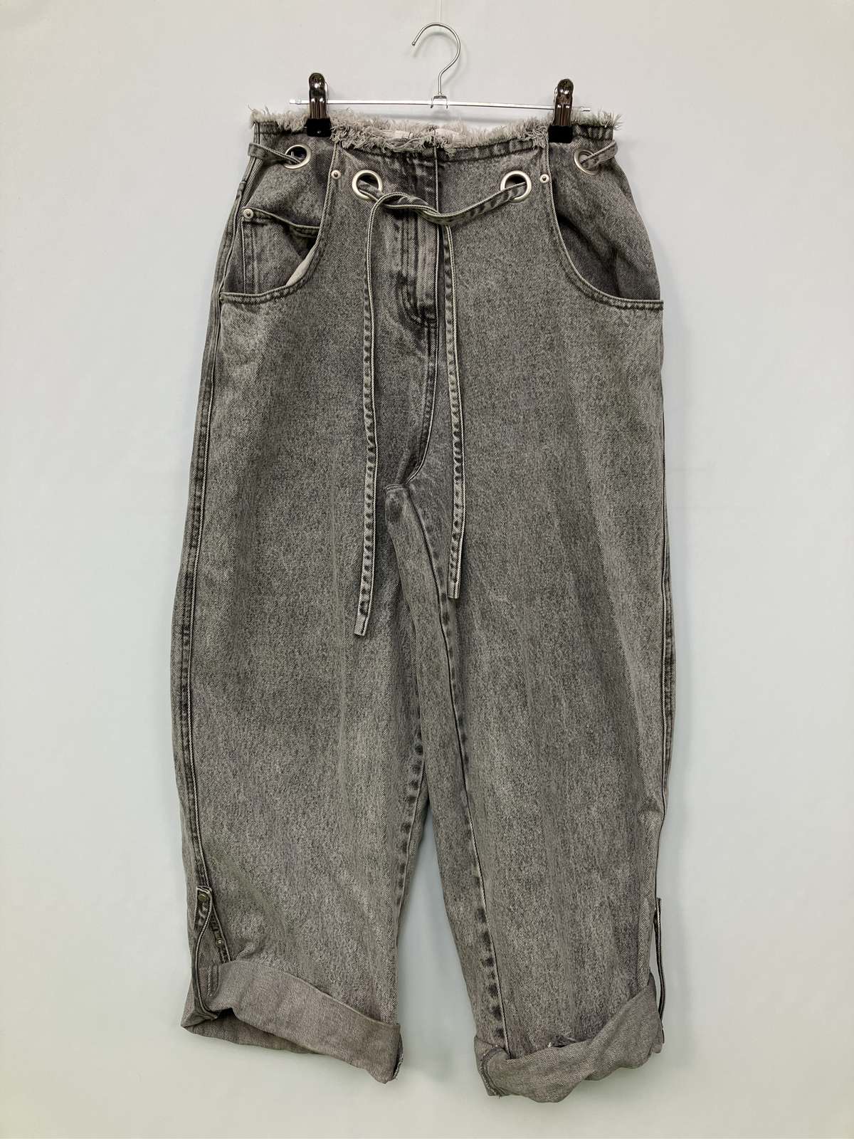 【中古】MUSUBORE ムスボレ デニムパンツ F ブラック フルレングス 無地 フリンジ ワイド・ルーズ ストレート ハイウエスト ウエストゴム・紐 レディース