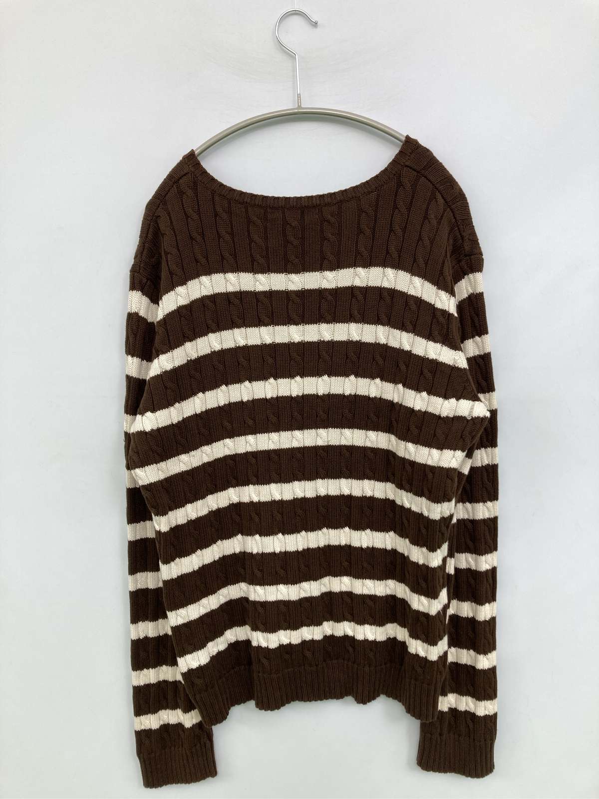【中古】Ralph Lauren ラルフローレン ニット/セーター XL ブラウン コットン ニット ボーダー柄 ワンポイント ブランドロゴ 刺繍 ミドル丈 長袖 Vネック レディース