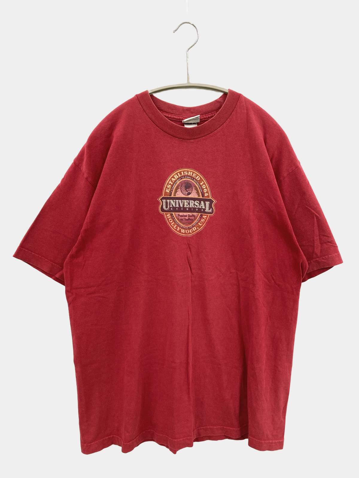 【中古】UNIVERSAL STUDIOS ユニバーサルスタジオ Tシャツ/カットソー レッド 無地 ワンポイント ミドル丈 半袖 クルーネック(丸首) メンズ
