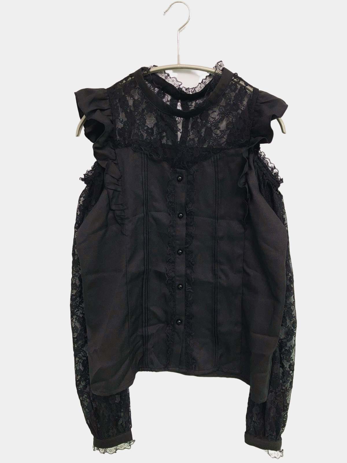 【中古】MA*RS シャツ/ブラウス ブラック 無地 ミドル丈 長袖 レース ノーカラー レディース ブランド古着