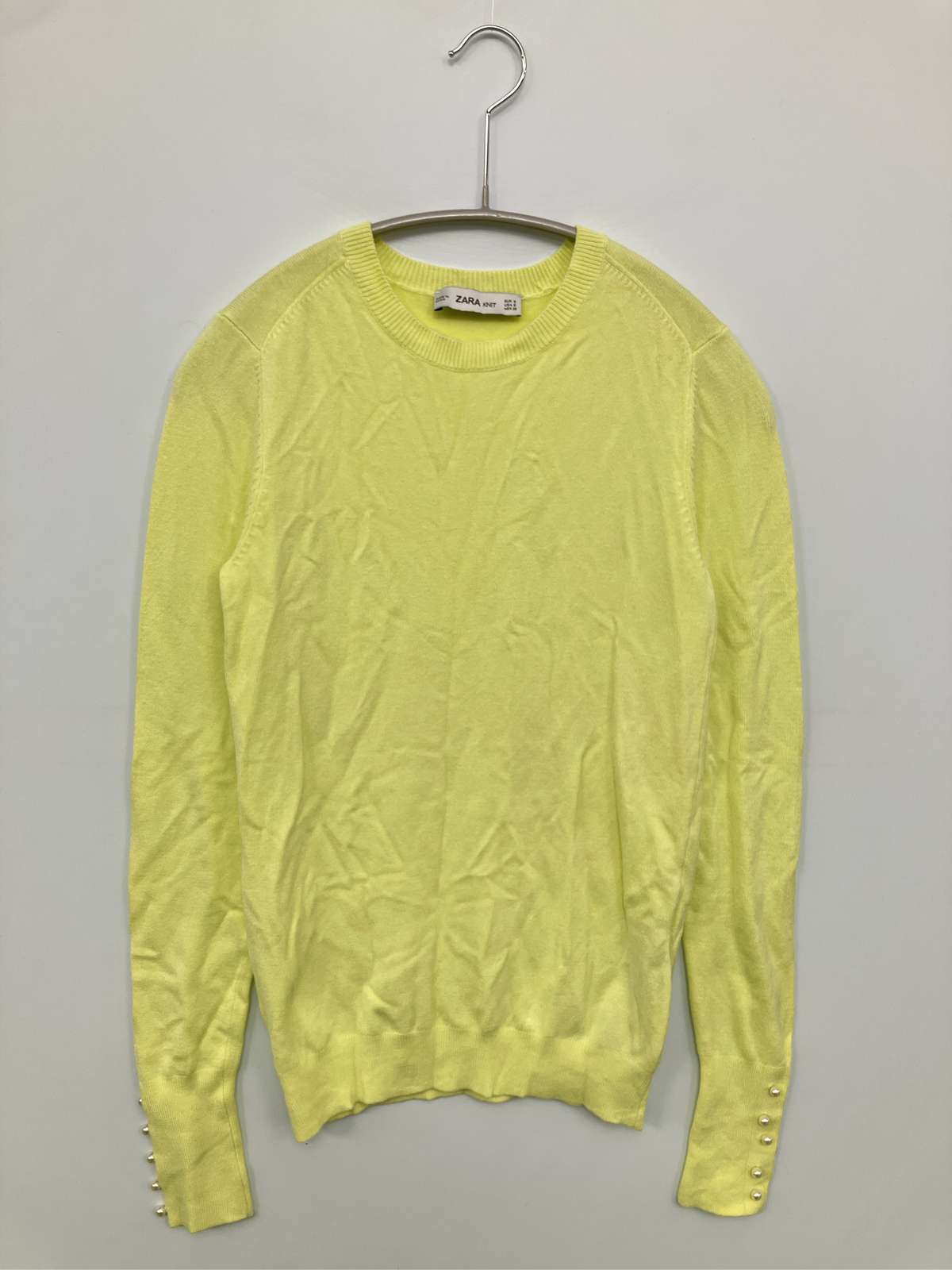 【中古】ZARAKNIT ニット/セーター USA S イエロー ニット 無地 ビジュー 長袖 ミドル丈 クルーネック(丸首) レディース
