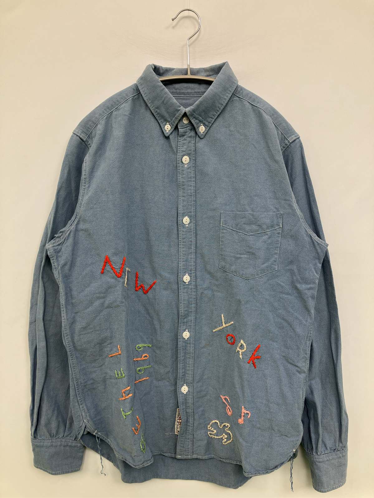 【中古】SALTWATER COWBOY シャツ/ブラウス L ブルー コットン ワンポイント 刺繍 ミドル丈 長袖 ボタンダウン レギュラーカラー メンズ