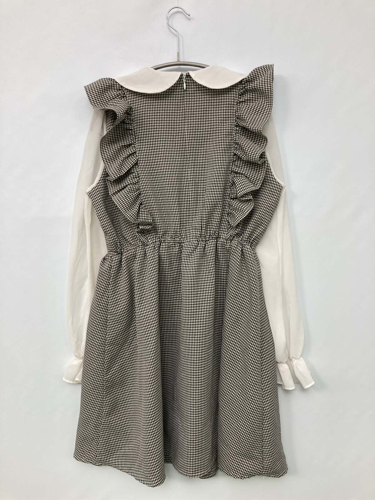 【中古】AnkRouge アンクルージュ ワンピース M グレー チェック柄 フリル 長袖 シ...
