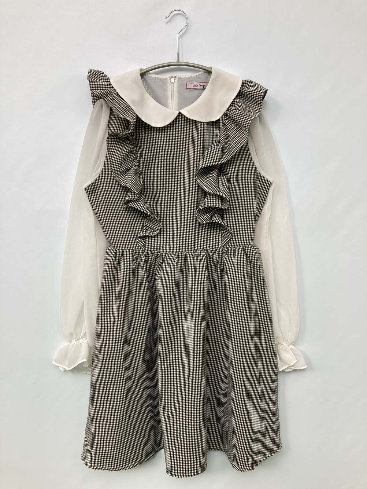 【中古】AnkRouge アンクルージュ ワンピース M グレー チェック柄 フリル 長袖 シ...