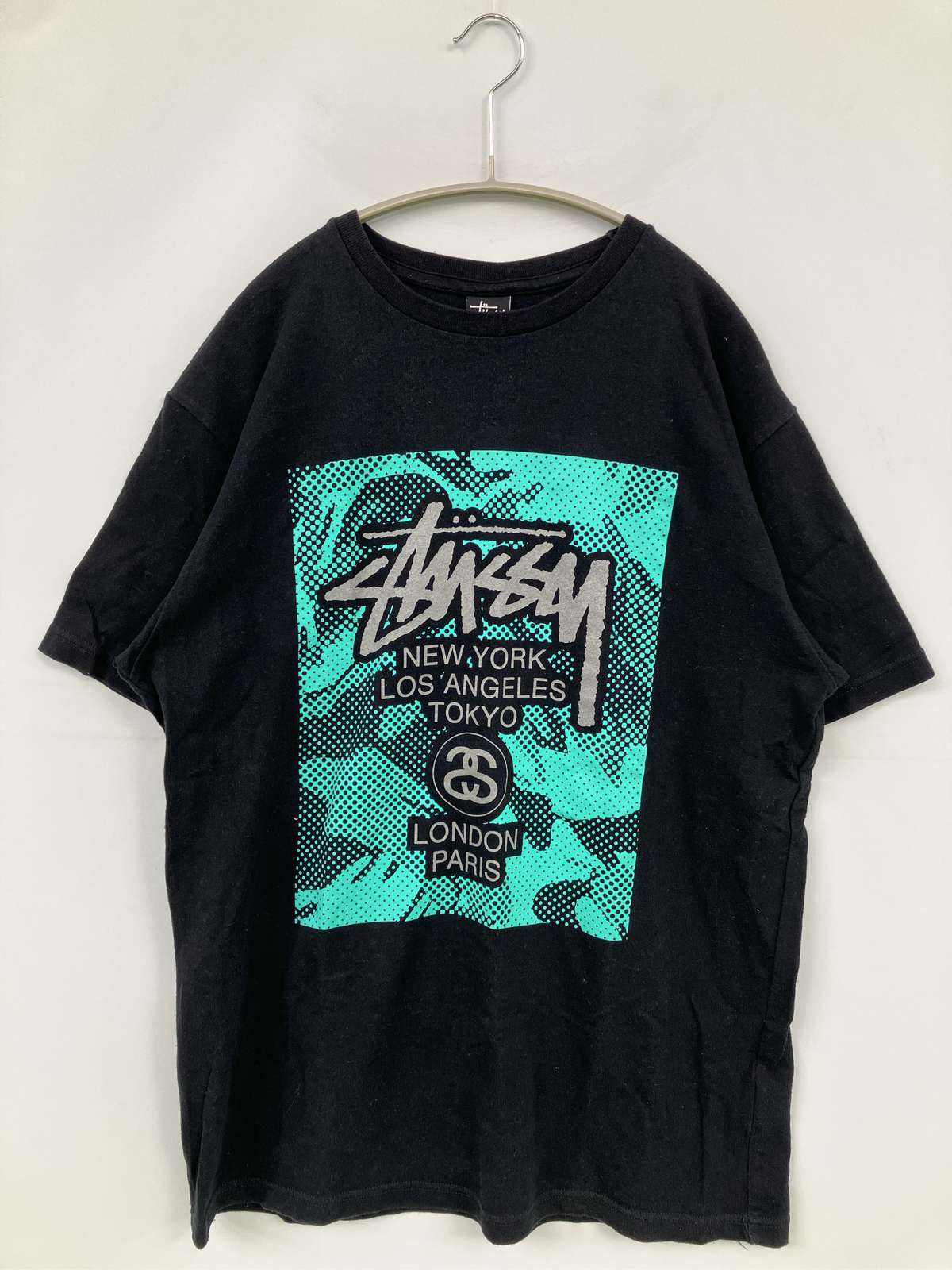 【中古】stussy ステューシー Tシャツ/カットソー LARGE ブラック 前面プリント バックプリント ブランドロゴ ミドル丈 半袖 クルーネック(丸首) メンズ ブランド古着 送料無料