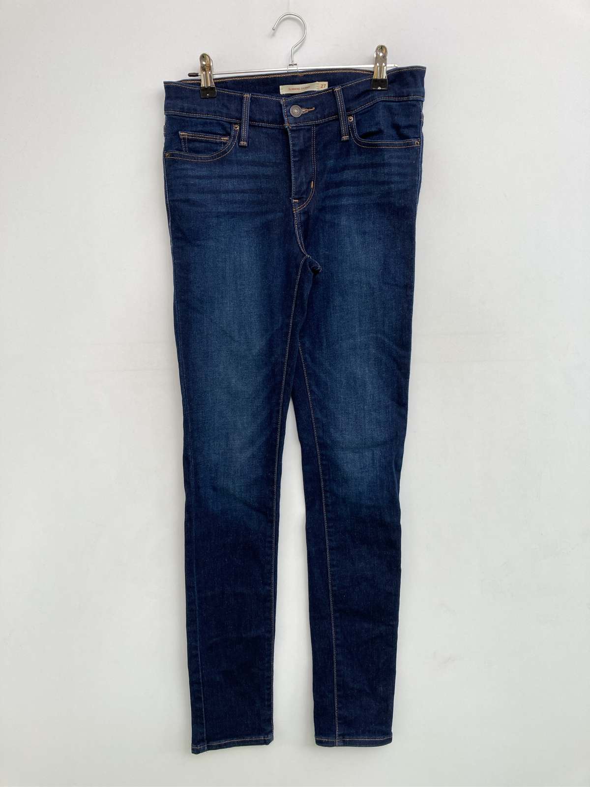 【中古】LEVI STRAUSS & CO. リーバイストラウスアンドカンパニー デニムパンツ 27 ネイビー フルレングス 無地 ワンポイント スキニー・タイト テーパード レギュラー レディース