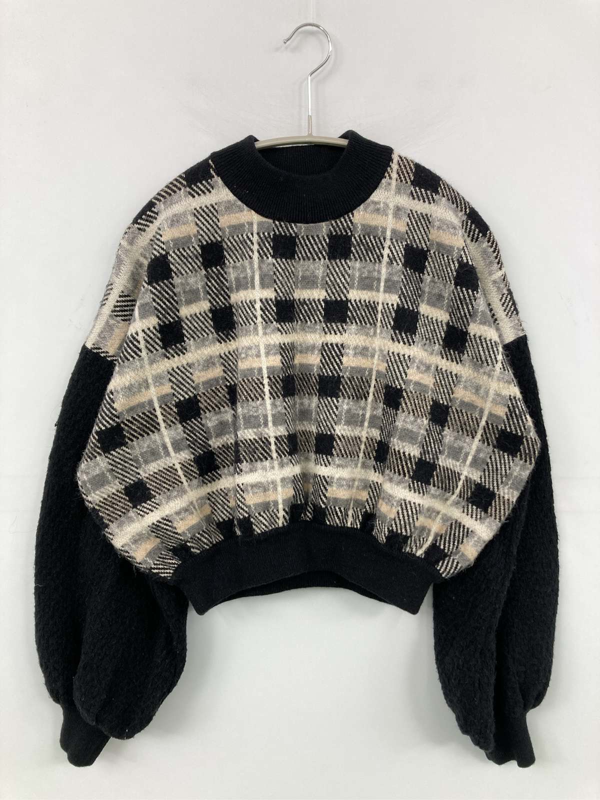 【中古】Darich ダーリッチ ニット/セーター Free ブラック ナイロン チェック柄 ショート丈 長袖 タートルネック/ハイネック レディース