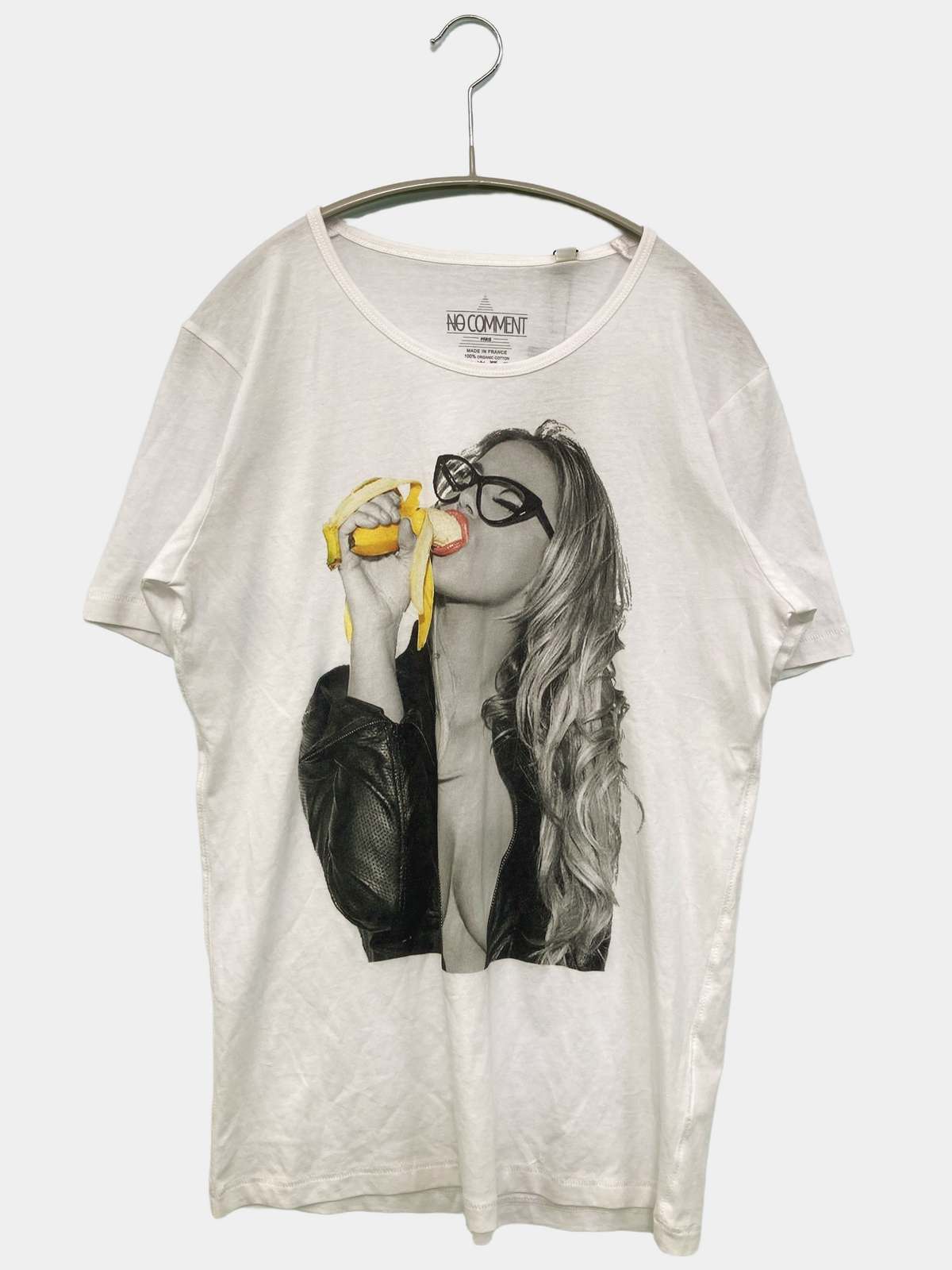 【中古】NO COMMENT Tシャツ/カットソー XS ホワイト 前面プリント ミドル丈 半袖 クルーネック(丸首) メンズ