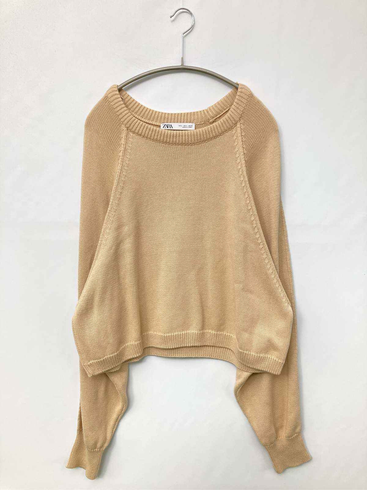 【中古】ZARA ザラ ニット/セーター USA L ベージュ コットン ニット 無地 ショート丈 長袖 クルーネック(丸首) レディース