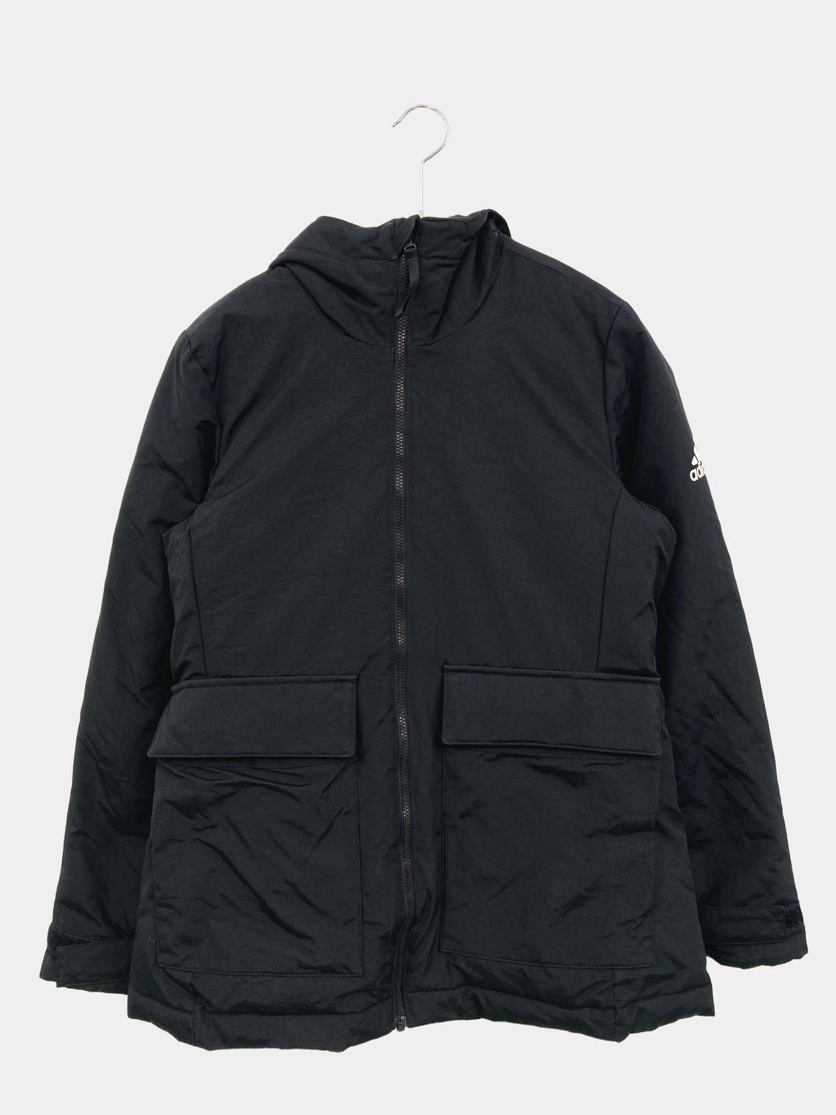 【中古】adidas アディダス アウター S ブラック ナイロン 無地 ワンポイント ミドル丈 フードあり ジップアップ レディース
