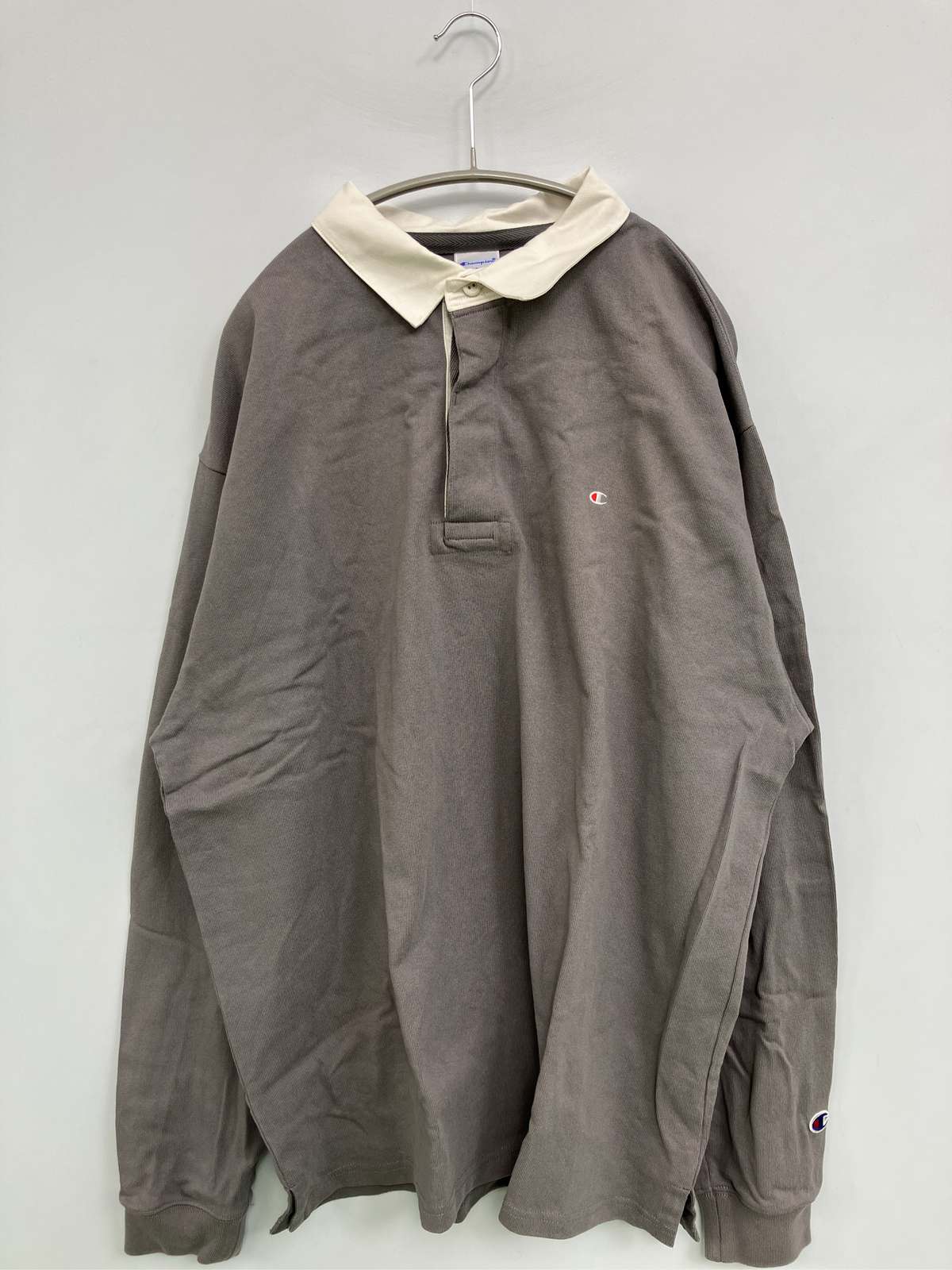 【中古】Champion チャンピオン ポロシャツ LARGE グレー 無地 ワンポイント ブランドロゴ 長袖 メンズ