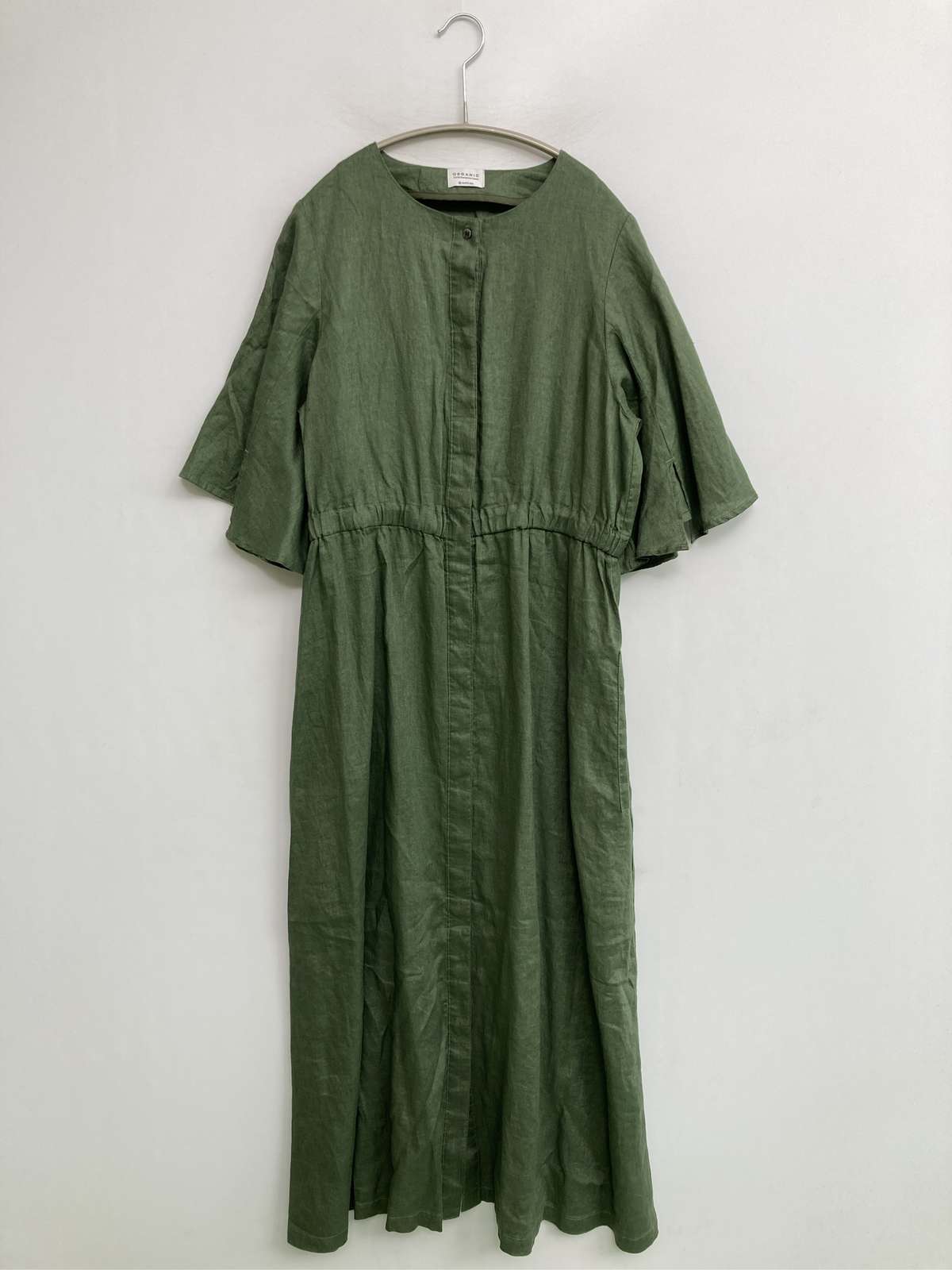 【中古】SHIPS any ワンピース グリーン リネン・麻 無地 半端袖 ロング・マキシ丈...