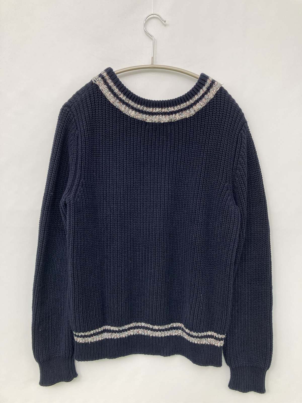 【中古】FRED PERRY フレッドペリー ニット/セーター 10 ネイビー コットン ニット ナイロン ライン柄 ワンポイント ブランドロゴ 長袖 ミドル丈 Vネック レディース