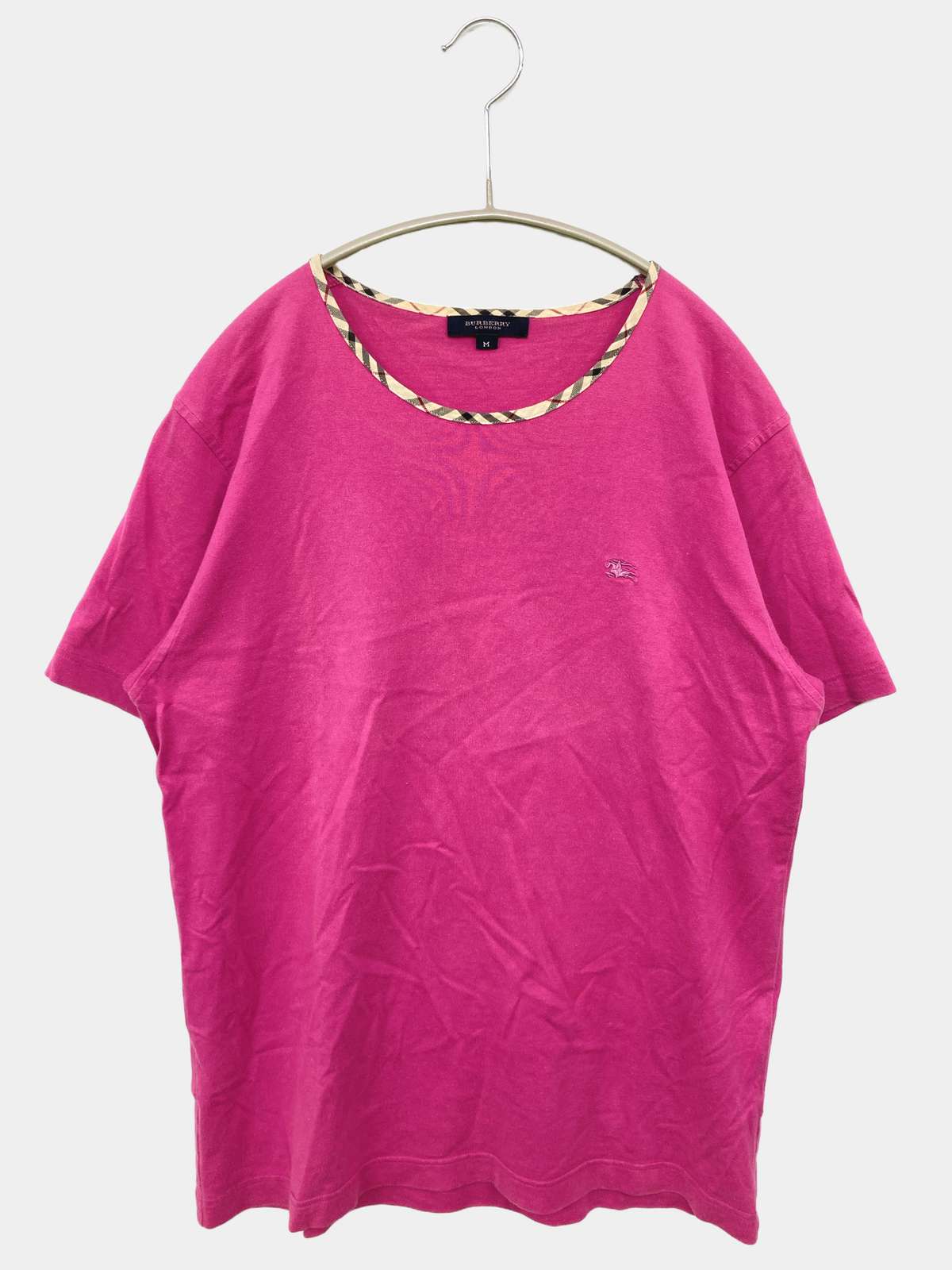 【中古】BURBERRY バーバリー Tシャツ/カットソー M ピンク 無地 ライン柄 ワンポイント ミドル丈 半袖 クルーネック(丸首) レディース