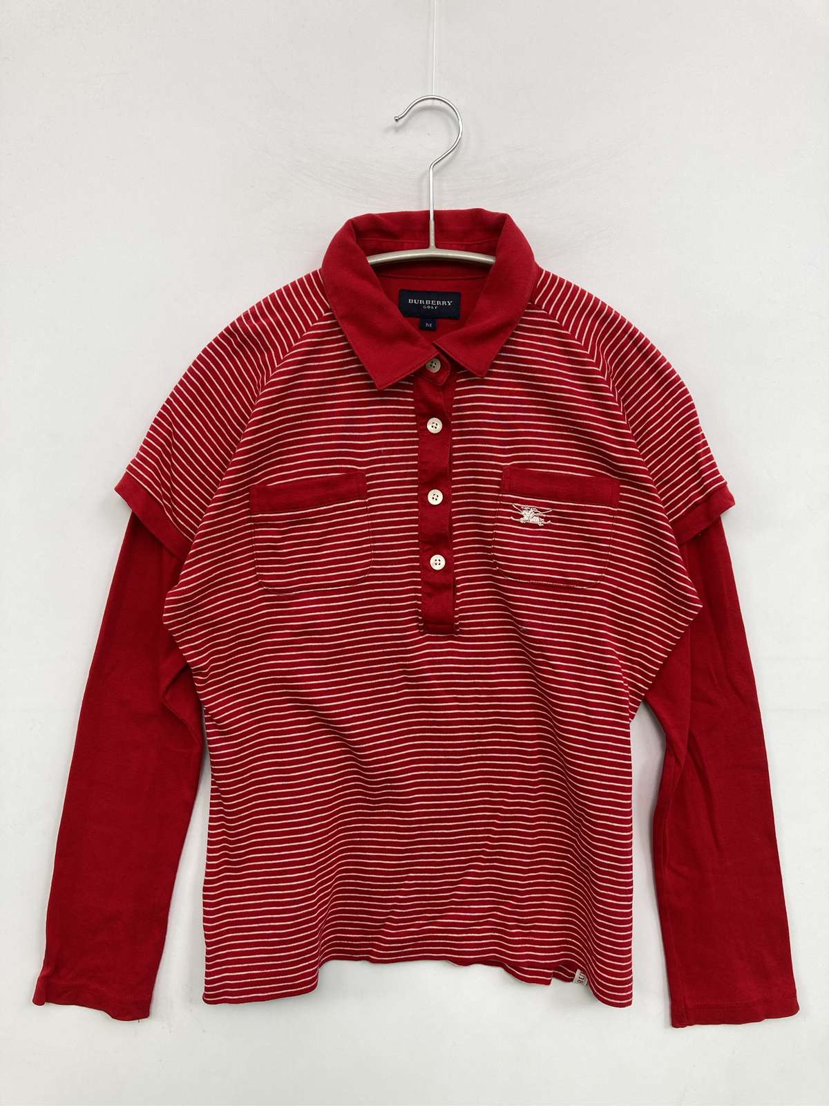 BURBERRY GOLF ポロシャツ M レッド ボーダー柄 ワンポイント ブランドロゴ 長袖 レディース