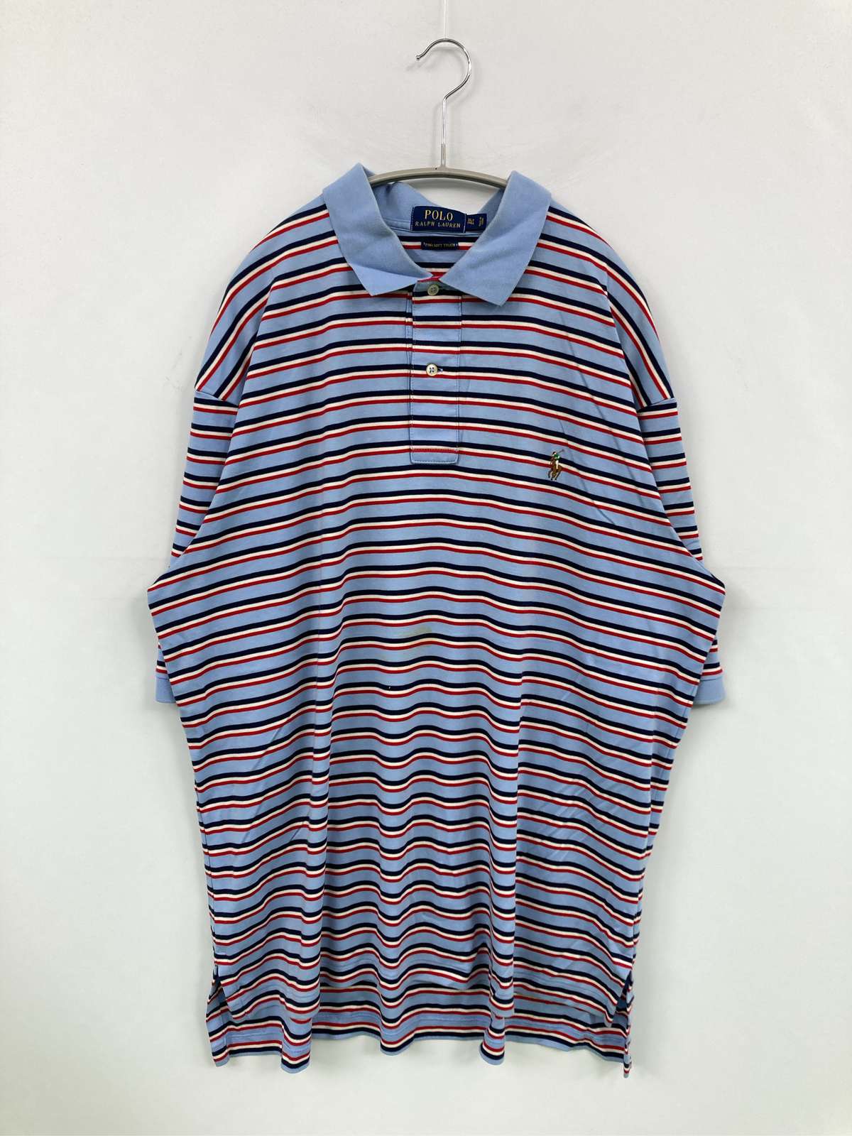 乐天商城 - 【中古】Polo Ralph Lauren ポロラルフローレン ポロシャツ XLT スカイブルー ボーダー柄 ワンポイント ブランドロゴ 刺繍 半袖 メンズ