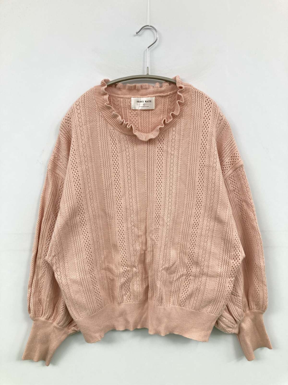 【中古】SEOUL MATE ニット/セーター F ピンク ニット 無地 フリル ミドル丈 長袖 ...