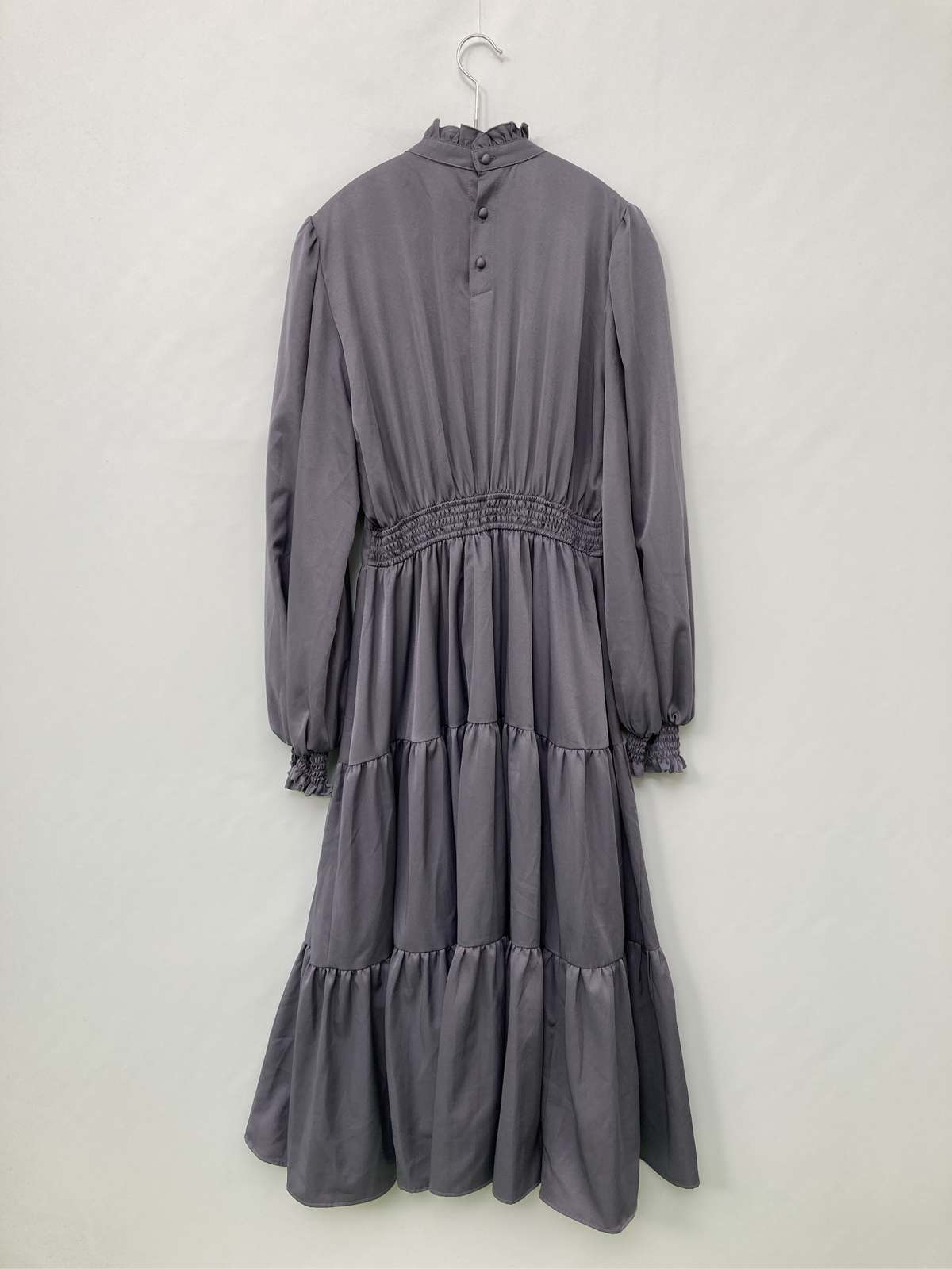 【中古】m petit ワンピース M グレー ストレッチ 無地 レース フリル 長袖 ミモレ...
