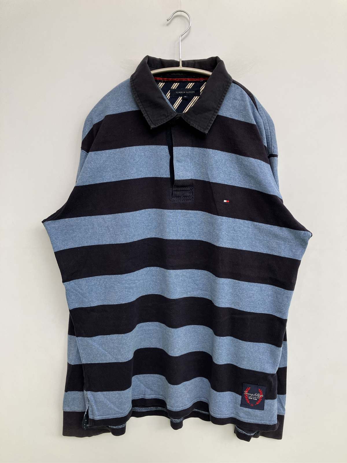 【中古】TOMMY HILFIGER トミーヒルフィガー ポロシャツ XL ネイビー ボーダー柄 ワンポイント ブランドロゴ 長袖 メンズ