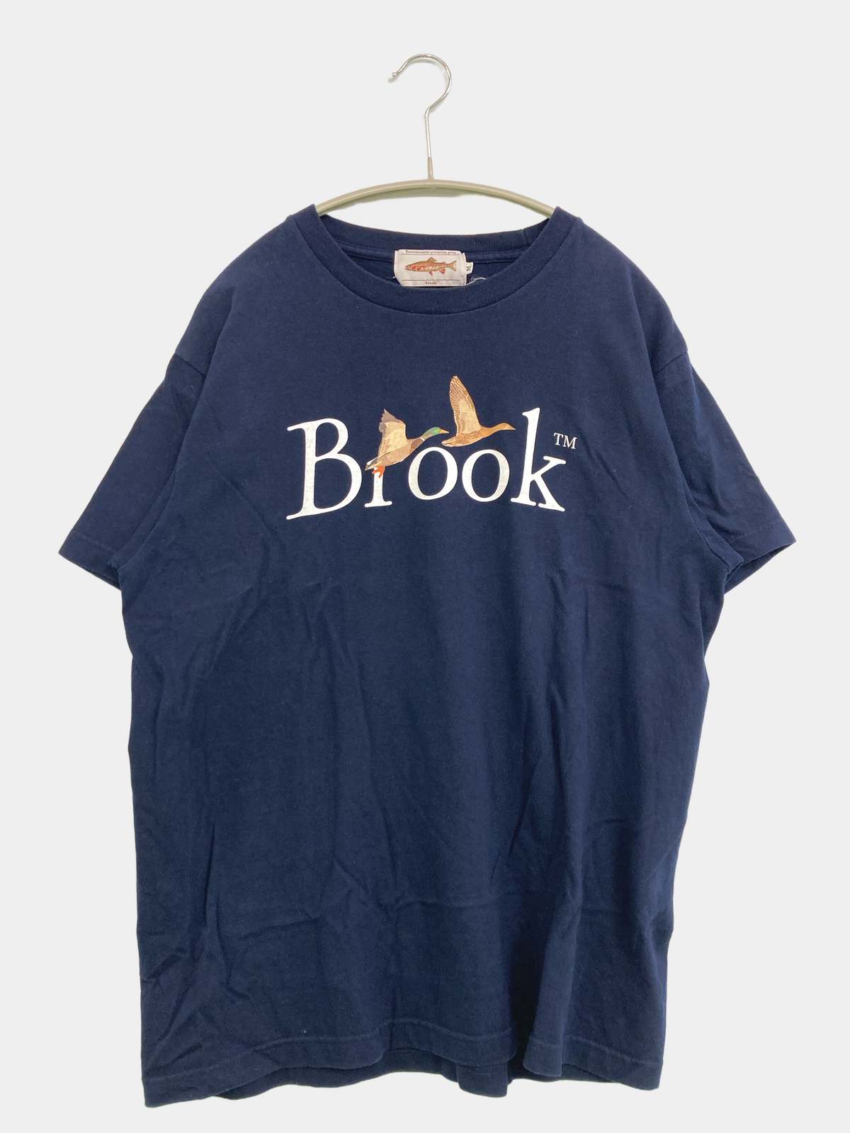 【中古】Brook ブルック Tシャツ/カットソー M ネイビー 前面プリント ミドル丈 半袖 クルーネック(丸首) メンズ レディース