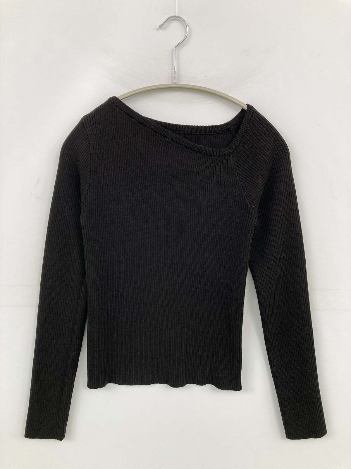 【中古】ニット/セーター F ブラック ニット 無地 ショート丈 長袖 ボートネック ...