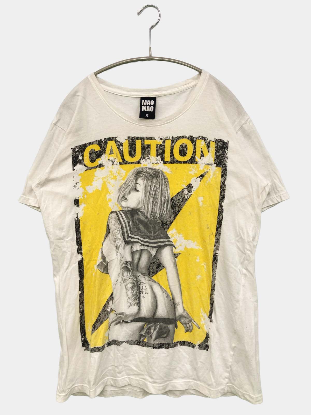 【中古】Mao Mao Tシャツ/カットソー M ホワイト 前面プリント ミドル丈 ロング丈 半袖 クルーネック(丸首) メンズ レディース
