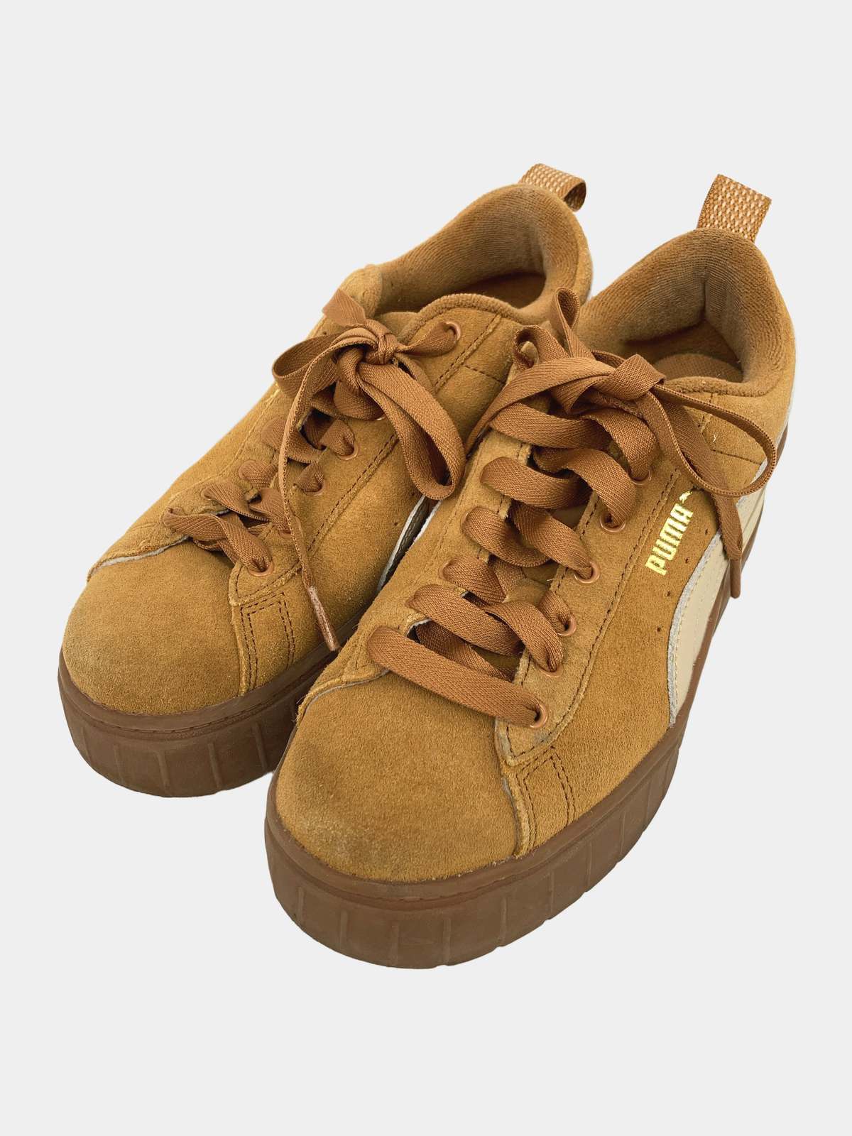 【中古】PUMA プーマ スニーカー 23.5 ブラウン スエード 無地 ブランドロゴ ワンポイント 紐 ローカット レディース
