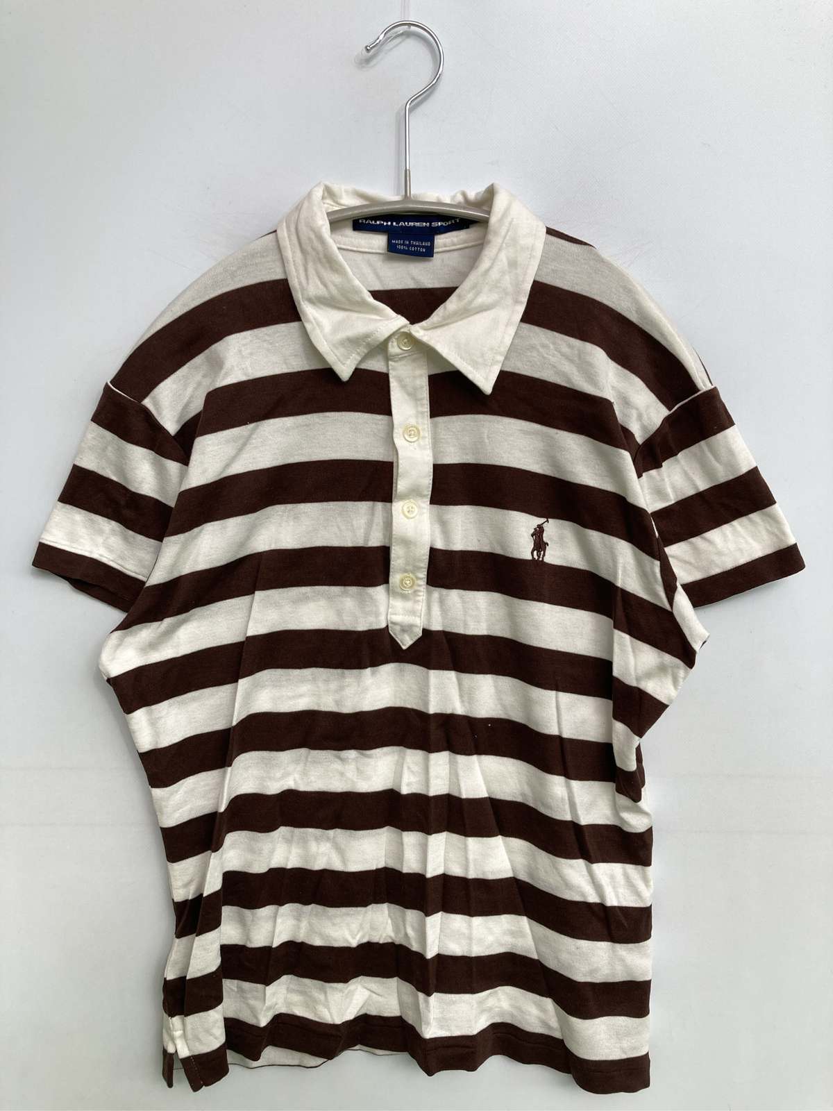 【中古】RALPH LAUREN SPORT ラルフローレンスポーツ ポロシャツ L ブラウン ボーダー柄 ワンポイント ブランドロゴ 刺繍 半袖 レディース