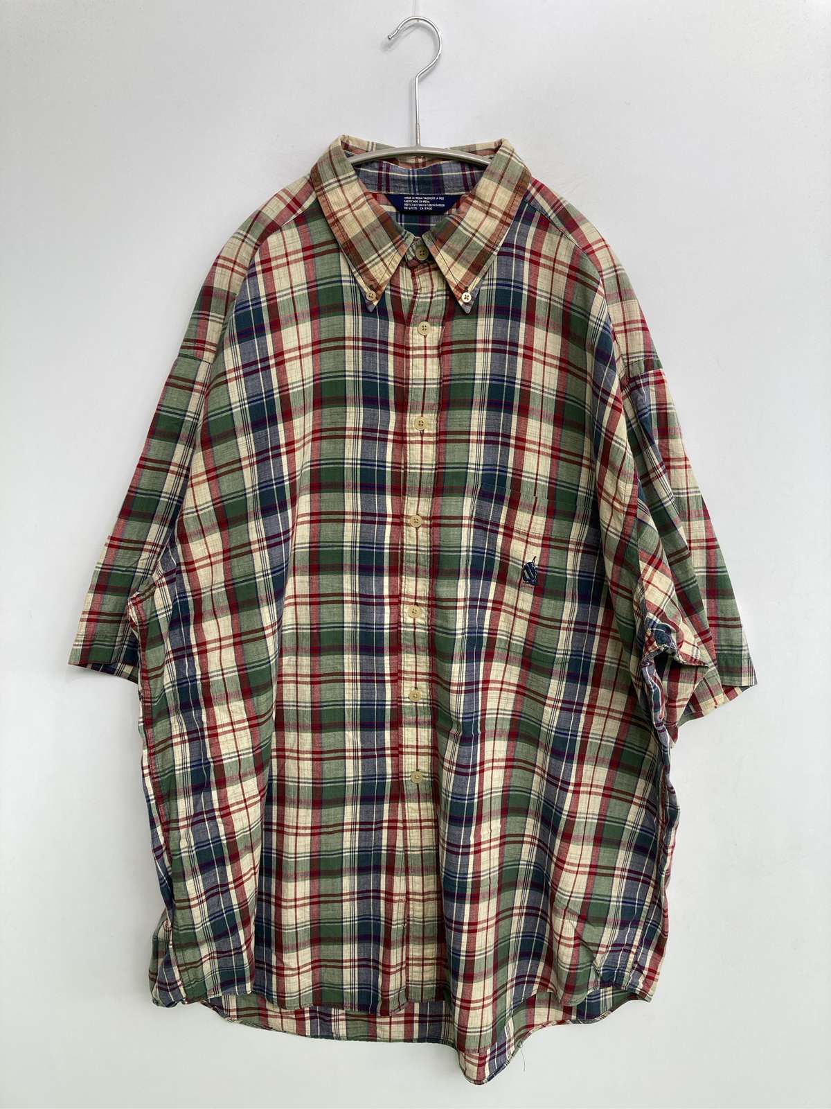 乐天商城 - 【中古】NAUTICA ノーティカ シャツ/ブラウス XL ベージュ コットン チェック柄 ワンポイント 半袖 ミドル丈 ボタンダウン メンズ