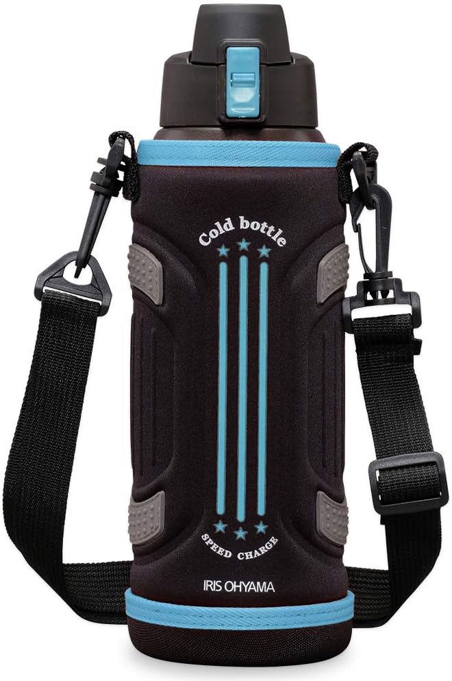 アイリスオーヤマ 水筒 子供 スポーツボトル 1リットル 1L ブルー 真空断熱層で冷たさキープ6時間! 片手でワンタッチオープン&直飲み 持ち運びやすいストラップ付 氷をそのまま入れられる 部活や運動に 少ないパーツでお手入れラクラク スポーツジャグ 持ち運び便利