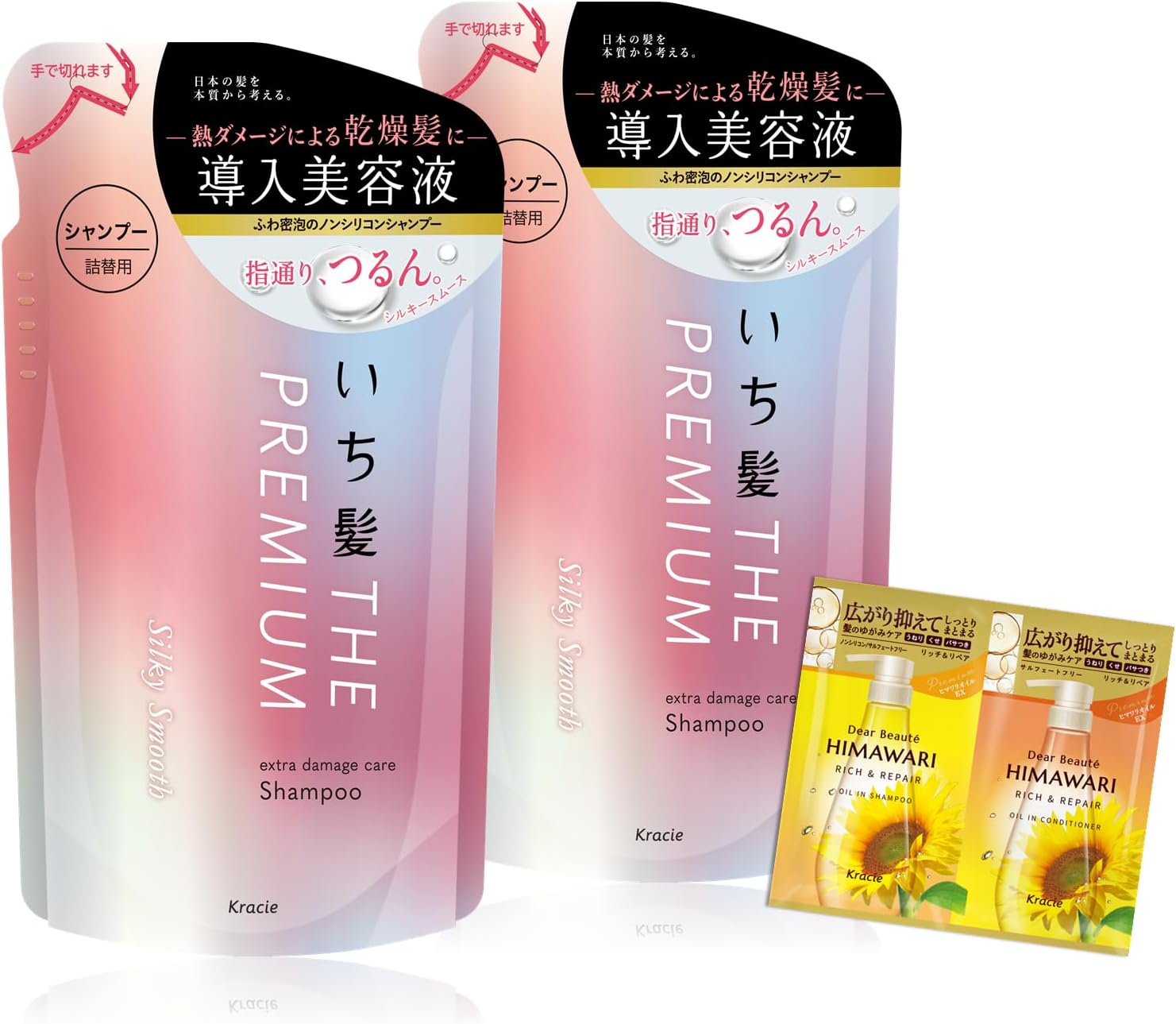 【訳あり】いち髪 THE PREMIUM 【シルキースムース】 エクストラダメージケア 導入美容液 in シャンプー 詰め替え 340ml×2 セット おまけ付き | ノンシリコン ヘアケア メンズ レディース B0BNZW5D3C 8100000031546