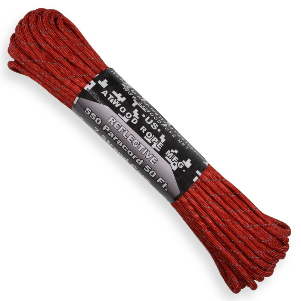 ATWOOD ROPE 反射材 550パラコード タイプ3 レッド 15m アトウッドロープ ARM 商用 Reflective Red リフレクティブ 赤 ロープ パラシュートコード 綱 靴紐 靴ひも シューレース 防災 550コード ナイロンコード 紐 ひも