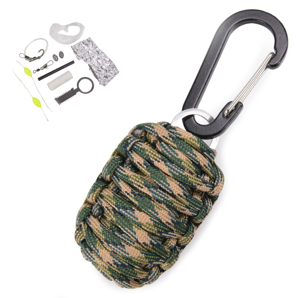 パラコードキーホルダー 手榴弾型 サバイバルキット カラビナ [ ウッドランドカモ ] ブラック パラコードキーリング パラコードキーチェーン パラコードストラップ パラコードアクセサリー?パラコード 編み込みキーホルダー パラコード編み 携行ロープ 非常用ロープ