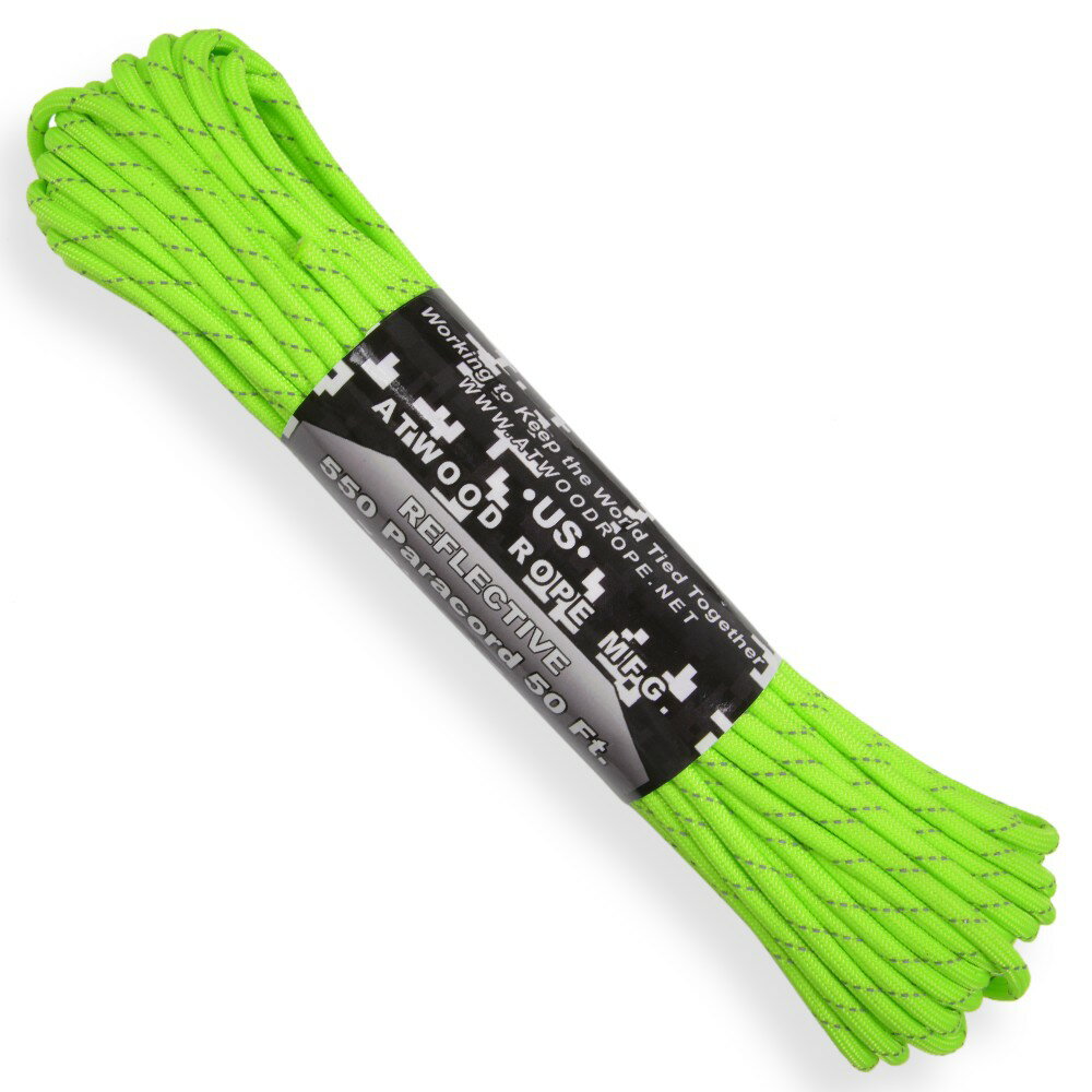 ATWOOD ROPE 反射材 550パラコード タイプ3 ネオングリーン 15m アトウッドロープ ARM 商用 Reflective Neon Green 蛍光 緑 リフレクティブ ロープ パラシュートコード 綱 靴紐 靴ひも シューレース 防災 550コード ナイロンコード 紐 ひも