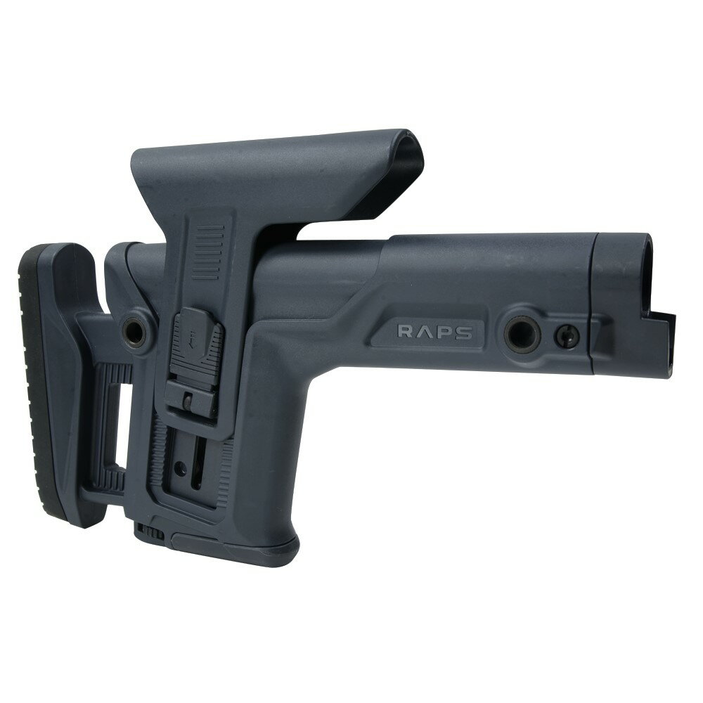 FABディフェンス 固定ストック バットストック最先端の機能が組み込まれたスナイパーストック最先端のタクティカルウエポン、アクセサリーを製造・開発しているイスラエルのガンパーツメーカー「FAB DEFENSE(ファブディフェンス)」が、長距離射撃・精密射撃向けに新開発したスナイパーストック「RAPS(Rapid Adjustment Precision Stock)」です。チークパッドとバットパッドの長さを1つのラッチで調整可能で、スコープを覗きながら片手で操作できるようになっています。チークパッドの調整幅は最大+42mm、バットパッドの伸縮幅は最大+30mm。バットパッドの長さは下部のダイヤルを締めておけば、毎回同じ位置で呼び出すことができます。また、後部のラバーパッド部分は最大10mm上方にずらすことも可能です。左右側面に計4ヶ所のスリングスイベルホールを搭載。本体下部には隠しピカティニーレールを備えており、モノポッドなどを装着することで射撃角度の調整が容易となります。銃本体への接続は、一般的なM4用ストックのようにバッファーチューブに差し込んで、サイドのネジを1本占めるだけでOK。レシーバーと接地する部分のアダプターは「フルレングスのライフル用(M16など)・MIL-SPECのカービン用(M4など)・ユニバーサル用」の3種が付属し、M16/M4用の2つはそれぞれバッファーチューブリングの厚さに合わせて設計されています。弊社撮影の装着画像は、東京マルイ製スタンダード電動ガンのM4に取り付けています。ガスブロ/電動問わず使用可能です。(※10禁は不可。次世代は要バッテリー移動。)この商品は遊戯銃への汎用性があり、玩具として使用を目的として輸入した商品です。全てのトイガンへ適合するわけではありません。購入後は、ご自身の責任において取り付けをお願いします。※製品の仕様、外観はメーカーより予告なく変更されますので、気になる点や、詳細はメールで別途お問合わせください。PC・モニタの環境で色が実物と多少異なる場合があります。布製品などは個体差があり、寸法に誤差が多少ありますので、ご了承くださいませ。M4ストックの詳細※ラッチを戻す際に硬い場合は無理に力を加えたりせず、必ず一度下部のダイヤルを緩めて下さい。※ストック本体に電動ガン用バッテリーを入れるスペースはありません。重量約620g素材グラスファイバー強化ポリマー複合材セット内容本体、アダプター3種(1つは組込み済み)、チューブ固定用ビス、調整用レンチ対応機種M4、M16、AR-15、SR-25、AR-10、他生産国イスラエル製他のバリエーションはこちら[ ODグリーン ][ グレー ][ タン ][ ブラック ]FAB-Defense(ファブディフェンス)はイスラエルの軍事、法執行機関や各国の特殊部隊に人間工学や最先端テクノロジーを取り入れた、タクティカルな銃器アクセサリーを多数提供しています。[FABディフェンス/FAB DEFENSE ファブディフェンス]FABディフェンスの商品一覧[1165][d06141110113611641165][00FDF]FABディフェンス ファブディフェンス 固定ストック Rapid Adjustment Precision Stock 樹脂製ストック 樹脂製銃床 樹脂ストック ガンストック プラスチック 強化樹脂製 バットストック ライフルストック 銃床 レプマート repmart 激安通販 激安販売エアガン・パーツ ＞ エアガンパーツ ＞ ストック ＞ ライフルストック ＞ 樹脂製ストック取り扱いブランド ＞ 《ハ》行 ＞ 《フ》で始まるブランド ＞ FABディフェンス[FABディフェンス]エアガン パーツ [エアガンパーツ/ストック/ライフルストック/樹脂製ストック]【FAB Defense スナイパーストック RAPS フルアジャスタブル M4/AR15/SR25用 [ グレー ]】最先端のタクティカルウエポン、アクセサリーを製造・開発しているイスラエルのガンパーツメーカー「FAB DEFENSE(ファブディフェンス)」が、長距離射撃・精密射撃向けに新開発したスナイパーストック「RAPS(Rapid Adjustment Precision Stock)」です。チークパッドとバットパッドの長さを1つのラッチで調整可能で、スコープを覗きながら片手で操作できるようになっています。チークパッドの調整幅は最大+42mm、バットパッドの伸縮幅は最大+30mm。バットパッドの長さは下部のダイヤルを締めておけば、毎回同じ位置で呼び出すことができます。また、後部のラバーパッド部分は最大10mm上方にずらすことも可能です。左右側面に計4ヶ所のスリングスイベルホールを搭載。本体下部には隠しピカティニーレールを備えており、モノポッドなどを装着することで射撃角度の調整が容易となります。銃本体への接続は、一般的なM4用ストックのようにバッファーチューブに差し込んで、サイドのネジを1本占めるだけでOK。レシーバーと接地する部分のアダプターは「フルレングスのライフル用(M16など)・MIL-SPECのカービン用(M4など)・ユニバーサル用」の3種が付属し、M16/M4用の2つはそれぞれバッファーチューブリングの厚さに合わせて設計されています。弊社撮影の装着画像は、東京マルイ製スタンダード電動ガンのM4に取り付けています。ガスブロ/電動問わず使用可能です。(※10禁は不可。次世代は要バッテリー移動。)この商品は遊戯銃への汎用性があり、玩具として使用を目的として輸入した商品です。全てのトイガンへ適合するわけではありません。購入後は、ご自身の責任において取り付けをお願いします。エアガン・パーツ ＞ エアガンパーツ ＞ ストック ＞ ライフルストック ＞ 樹脂製ストック取り扱いブランド ＞ 《ハ》行 ＞ 《フ》で始まるブランド ＞ FABディフェンスFAB Defense スナイパーストック RAPS-C フルアジャスタブル M4/AR-15用バッファーチューブ対応 FX-RAPSCFAB Defense バットストック GLR-16 バッテリー収納搭載 M4/AR15用FAB Defense バットストック GLR-16 PCP レール&チークピース搭載 M4/AR15用&nbsp;