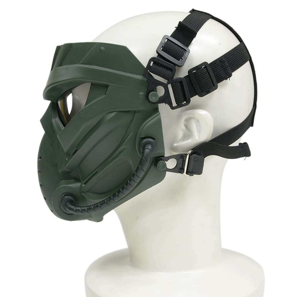 ミリタリーショップ レプマートのフルフェイスガード MECHANICAL ヘルメット装着アダプター付 [ オリーブドラブ / クリア ] フェイスマスク サバゲ—装備 サバイバルゲーム ゴムベルト 取付用ベルト 保護面 防護面 フルガードマスク フェイスプロテクター 顔面保護具 顔面シールド 顔用ガード｜アングル3