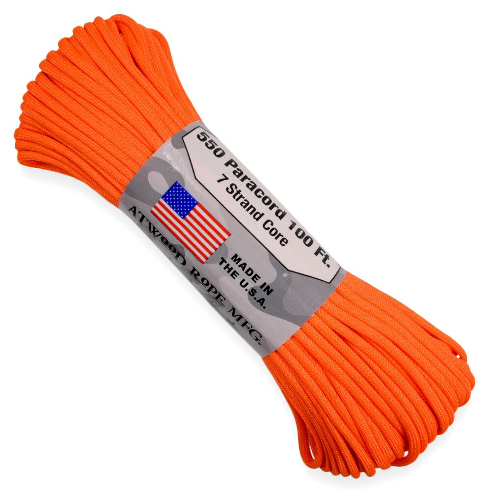 ATWOOD ROPE 550パラコード タイプ3 ネオンオレンジ アトウッドロープ ARM Neon Orange 蛍光 橙色 ナイロン製 パラシュートコード 綱 靴紐 靴ひも シューレース 防災