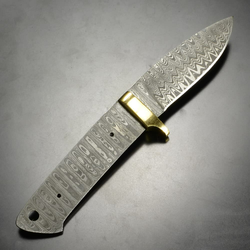 Knifemaking ナイフブレード Damascus Drop Pt 真鍮ガード付き ダマスカス鋼 BL129...