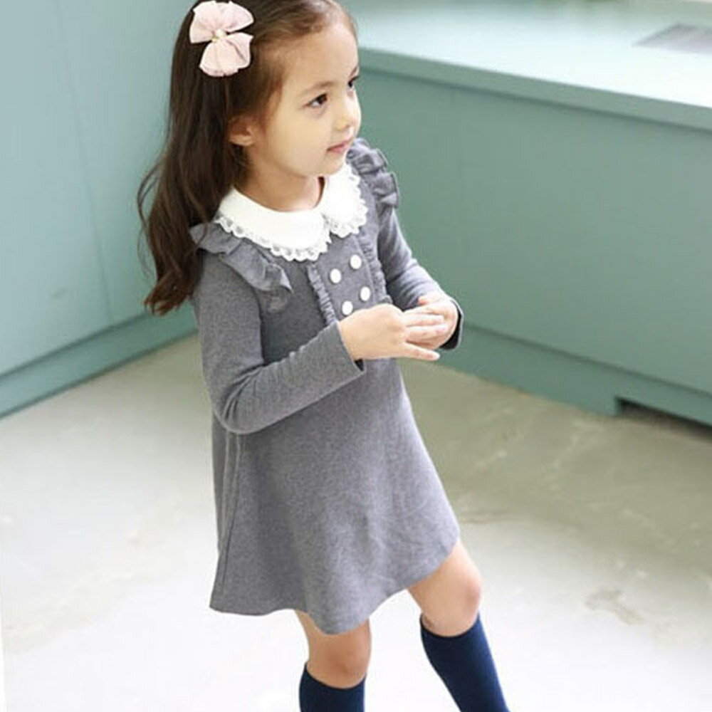 キッズ ワンピース フォーマル 女の子 子供 入学式 卒業式 受験 お食事会 発表会 おしゃれ ネイビー グレー ピアノ発表会 フリル ネイビー グレー Aライン 丸襟 レース フレア ご令嬢 シンプル エレガント かわいい 韓国子供服 子供服 膝丈 カットソー 100 110 120 130cm