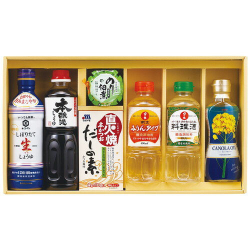 ●紙袋のご用意はできません。 ●ギフト商品のため納品書は同梱されません。 ●メーカー都合により、デザイン・内容等が変更になる場合がございます。 ●ご注文者様宛以外へ発送の場合、お届け先様の転居・住所不明・長期不在などが発生した際は商品をご依頼主様へ転送させていただきます。 香りと旨味にこだわっただしとご飯によく合う佃煮の入った調味料セットです。 ■キッコーマンいつでも新鮮しぼりたて生しょうゆ450ml・サンビシ本醸造しょうゆ500ml・昭和キャノーラ油300g・日の出割烹みりんタイプ・日の出料理酒各400ml各1本・島乃香のり佃煮80g×1瓶・マルトモ直火焼本かつおだしの素(4g×10袋)1箱 ■箱サイズ:45.3×7.5×25.5cm 【用途】 引出物 結婚内祝 婚家 結婚祝 出産内祝 出産祝 仏事 快気 新築 記念 贈答 お返し お祝い 御祝 香典返し 法事 法要 引越し 新築祝い お中元 お歳暮　敬老の日 還暦 賀寿 母の日 父の日 自分へのご褒美　自分へのお取り寄せグルメなど 快気祝い 成人お祝い 金婚式 銀婚式 入籍記念日 白寿 卒寿 米寿 傘寿 喜寿 古希 還暦祝い 賀寿 長寿祝い 緑寿 入園祝い 入学祝い 卒業祝い 就職祝い 新築祝い 開店祝い お土産 お誕生日プレゼント お年賀 お中元ギフト 会社 企業 残暑見舞い●紙袋のご用意はできません。 ●ギフト商品のため納品書は同梱されません。 ●メーカー都合により、デザイン・内容等が変更になる場合がございます。 ●ご注文者様宛以外へ発送の場合 お届け先様の転居・住所不明・長期不在などが発生した際は 商品をご依頼主様へ転送させていただきます。