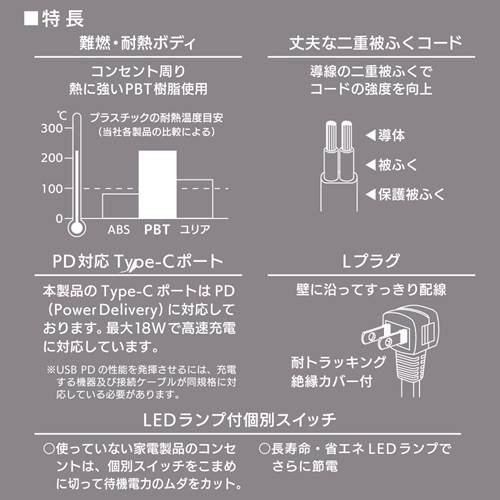 トキワダイレクトのOHM オーム電機　節電タップ（3個口/2m/Type-C[PD対応]×1、Type-A×1/LED付個別スイッチ/L型プラグ/ホワイト）　HS-TPU32PD23-W｜アングル3