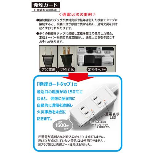 トキワダイレクトのOHM オーム電機　発煙ガード安全タップ（3個口/2m）　HS-T32HG3-W｜アングル3