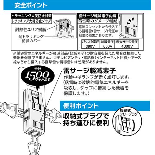 トキワダイレクトのOHM オーム電機　雷ガード付 マイクロタップ（プラグ収納式 /4個口/ブラック）　HS-AKS4PBT-K｜アングル3