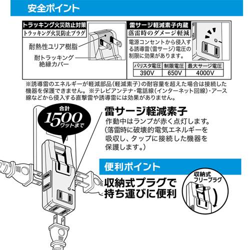 トキワダイレクトのOHM オーム電機　雷ガード付 マイクロタップ（プラグ収納式 /4個口/ホワイト）　HS-AKS4PBT-W｜アングル3