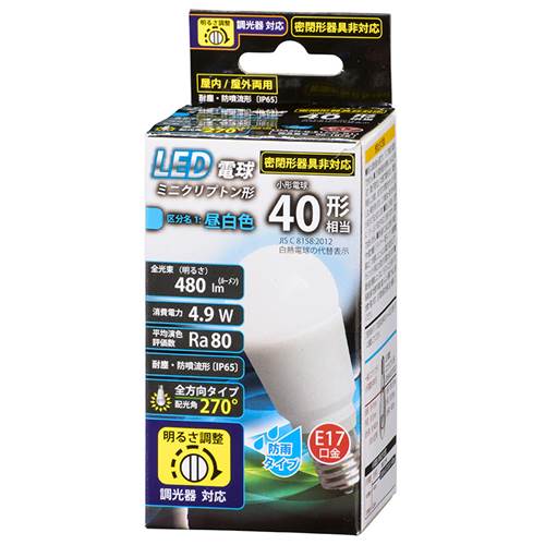 OHM オーム電機　LED電球 ミニクリプトン形（40形相当/480lm/昼白色/E17/防雨タイ...