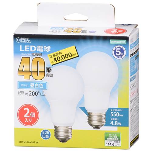 26 mm Cfl - OHM オーム電機　LED電球（40形相当/550lm/昼白色/E26/広配光200°/密閉形器具対応/2個入） LDA5N-G AG53 2P