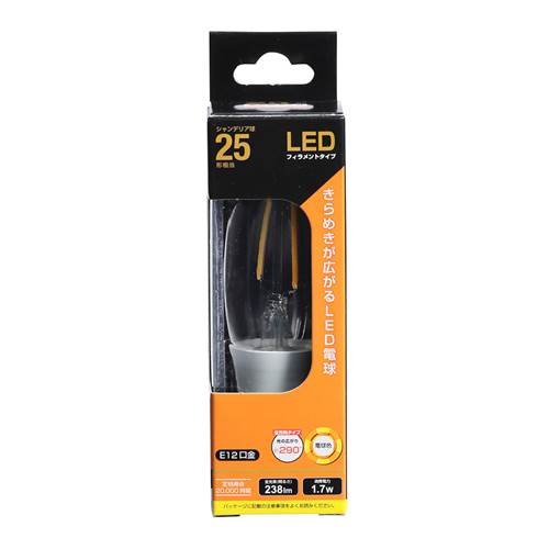 特　徴●シャンデリア球25形相当●きらめきが広がるLED電球フィラメントタイプ●光の広がり 約290°全方向タイプ●E12口金●電球色仕　様■寸法：全長…104mm 外径…35mm■質量：17g■定格消費電力：1.7W■定格入力電流：0.032A■全光束：238 lm■エネルギー消費効率：140.0 lm/W■平均演色評価数：Ra80■定格寿命：20000h※ 屋内専用（屋外使用禁止）※ 交流100V 50/60Hz共用【ご注意】※次のような器具には使用できません。・調光機能のついた器具（100%でも使用不可）・誘導灯、非常用照明器具・HIDランプ器具、水銀灯器具・断熱材施工器具（SB SGI SG形表示器具など）・ランプと反射板の距離が狭い器具・直流電源※このほか使用器具の種類によって寸法的、熱的、その他の状況（リモコン機器のついた器具など）により使用できない場合があります。※ご使用になられる照明器具の構造によっては、放熱不良で短寿命となることがあります。※密閉器具でのご使用の場合、器具の寸法の大きさにより、使用できない場合や寿命が短くなる場合があります。※人感スイッチなど自動点滅装置や遅れ停止スイッチなどに使用できない場合があります。※交流100V、周波数50/60Hz以外の電源では使用しないでください。※ランプ周囲温度が40℃を超える場所では使用しないでください。※ラジオやテレビなどの音響および映像機器の近くで点灯すると、雑音が入ることがあります。（雑音が入るときは、ランプから1m以上離してご使用ください。）※赤外線リモコンを採用した機器（テレビやエアコンなど）の近くで点灯すると、機器が誤作動することがあります