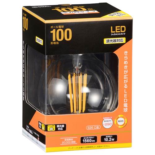 特　徴●一般電球100形相当●きらめきが広がるLED電球フィラメントタイプ●光の広がり 約290°全方向タイプ●調光器対応●E26口金●電球色仕　様■寸法：全長…135mm 外径…95mm■質量：62g■定格消費電力：10.2W■定格入力電流：0.106A■全光束：1560ルーメン■エネルギー消費効率：152.9 lm/W■平均演色評価数：Ra80■定格寿命：20000h【ご注意】※次のような器具には使用できません。・誘導灯、非常用照明器具・HIDランプ器具、水銀灯器具・断熱材施工器具（SB SGI SG形表示器具など）・ランプと反射板の距離が狭い器具・直流電源※このほか使用器具の種類によって寸法的、熱的、その他の状況（リモコン機器のついた器具など）により使用できない場合があります。※ご使用になられる照明器具の構造によっては、放熱不良で短寿命となることがあります。※密閉器具でのご使用の場合、器具の寸法の大きさにより、使用できない場合や寿命が短くなる場合があります。※人感スイッチなど自動点滅装置や遅れ停止スイッチなどに使用できない場合があります。※交流100V、周波数50/60Hz以外の電源では使用しないでください。※ランプ周囲温度が40℃を超える場所では使用しないでください。※ラジオやテレビなどの音響および映像機器の近くで点灯すると、雑音が入ることがあります。（雑音が入るときは、ランプから1m以上離してご使用ください。）※赤外線リモコンを採用した機器（テレビやエアコンなど）の近くで点灯すると、機器が誤作動することがあります