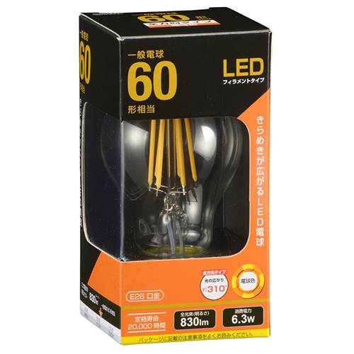 26 mm Cfl - OHM オーム電機　LEDフィラメントタイプ電球 クリア（60形相当/830lm/電球色/E26/全方向配光310°） LDA6L C6